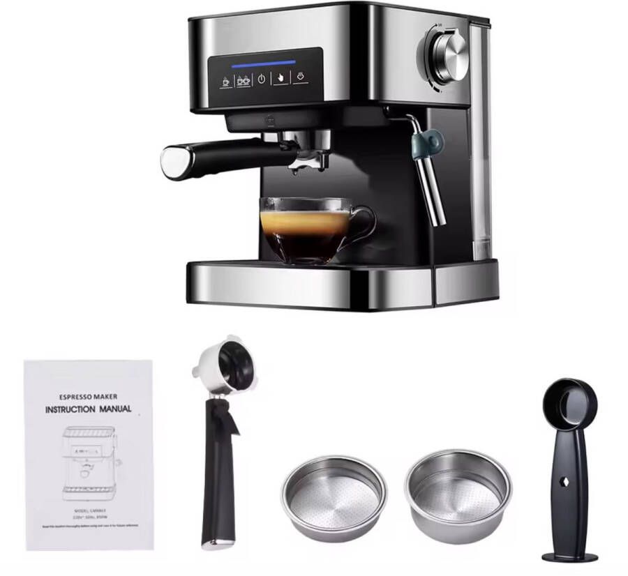 J&R Espresso apparaat LCD touch espresso koffiemachine- Met Semi-Automatische pomp en melkopschuimer Koffiezetapparaat- Zilverkleurig Voor gemalen koffie