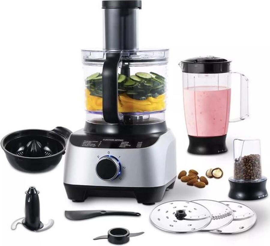 J&R Keukenmachine Alles-in-één keukenmachine Multifunctioneel apparaat 11 in 1 Blender Citruspers Kneden Hakken Malen Mixen 1300W Zilvergrijs