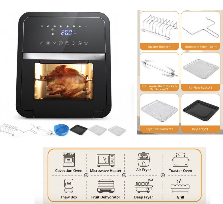 J&R Luchtfriteuse Broodrooster oven Airfryer Braden Bakken Grill Opwarmen 12 Liter Touchscreen Groot Zwart