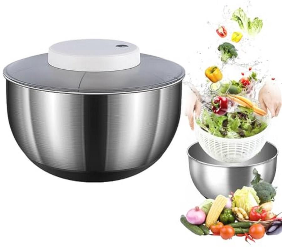 JAOGAUS Elektrische slacentrifuge 4 8 liter USB-oplaadbaar fruit- en groentedroger automatische sla- en groentedroger voor versheid snel en efficiënt ideaal voor keuken