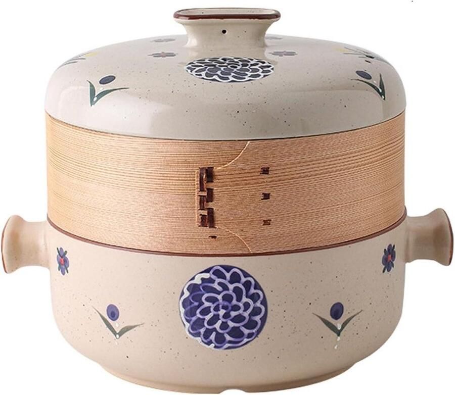 Japanse braadpan Keramische stoofpot Gezond koken Met bamboe stoommandje 2.5 liter Aardewerk bruin