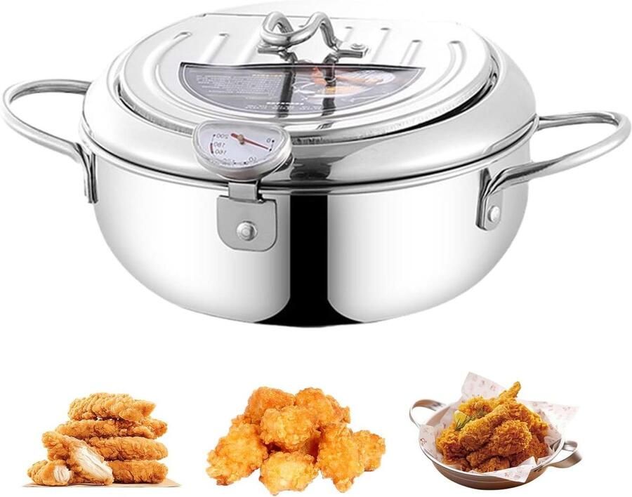 Japanse friteuse Kleine frituurpan Lekkere snacks maken Met ingebouwde thermometer 24 cm diameter Zilver
