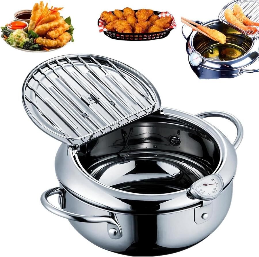 Japanse frituurpan Kleine friteuse Lekker Frituren Met thermometer 42 Liter Zilver