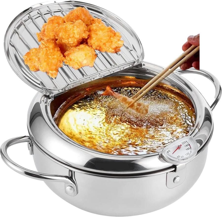 Japanse Frituurpan met Thermometer Kleine RVS Frituurpan 20 cm voor Tempura Friet en Snacks