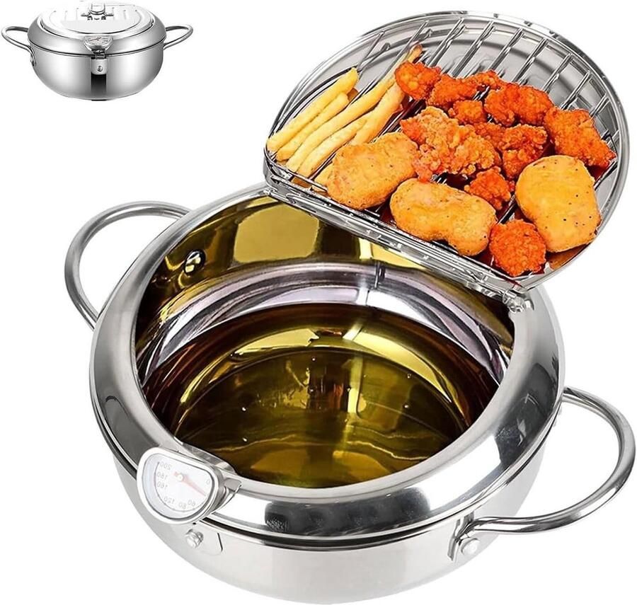 Japanse Frituurpan Mini Tempura Pan Thuis Frituren Met Thermometer 2.2 Liter Zilver