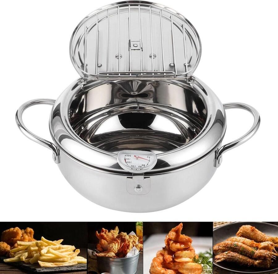 Japanse Frituurpan Roestvrijstaal Kookpot Frituren en Koken Met Nauwkeurige Thermometer 20 cm Diameter Zilverkleurig