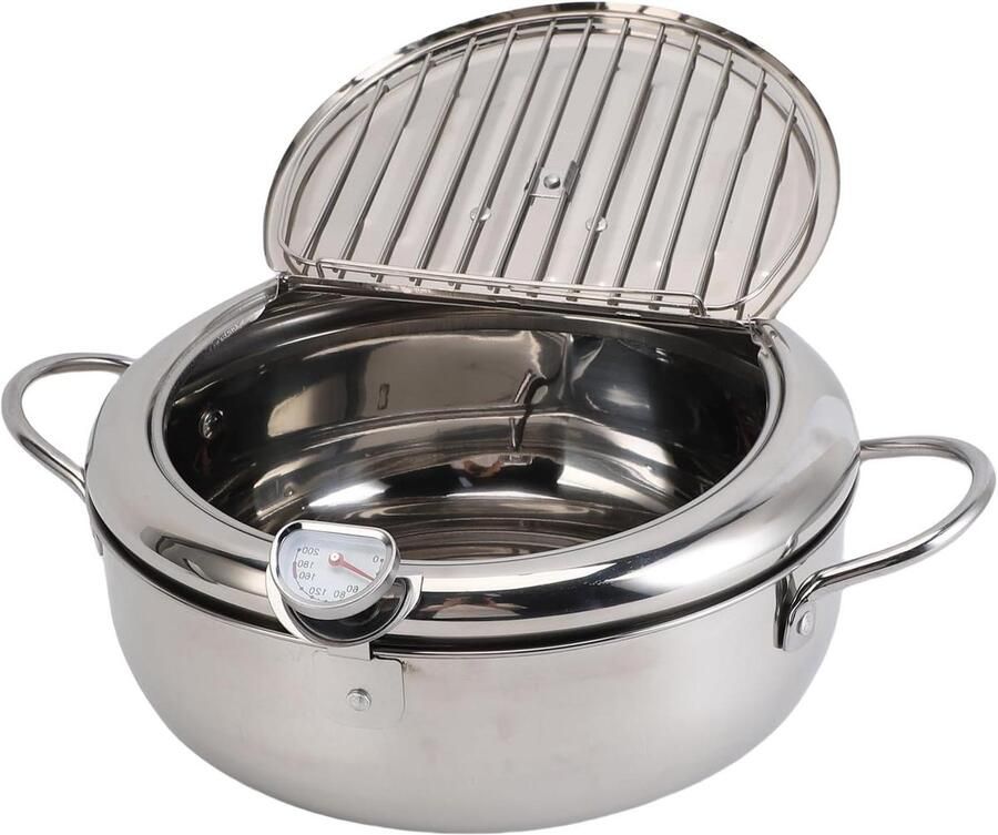 Japanse Frituurpan Tempura Pan Friteuse Thuis Frituren Inclusief Thermometer 28x27x13 cm Zilver