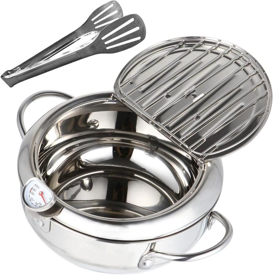 Japanse Frituurpan Tempura Pan Koekenpan Frituren van Snacks Met Thermometer 21x21x13.5 cm Zilver
