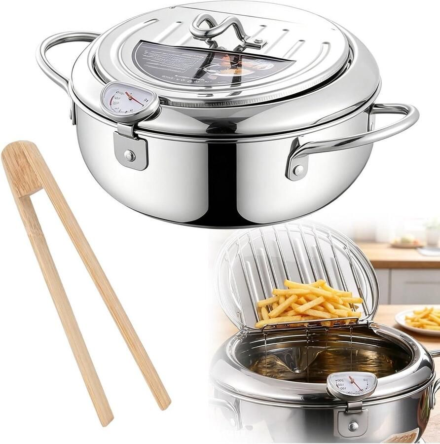 Japanse Frituurpan Tempura Pan Thuis Frituren Met Nauwkeurige Thermometer 2.2 Liter Zilver