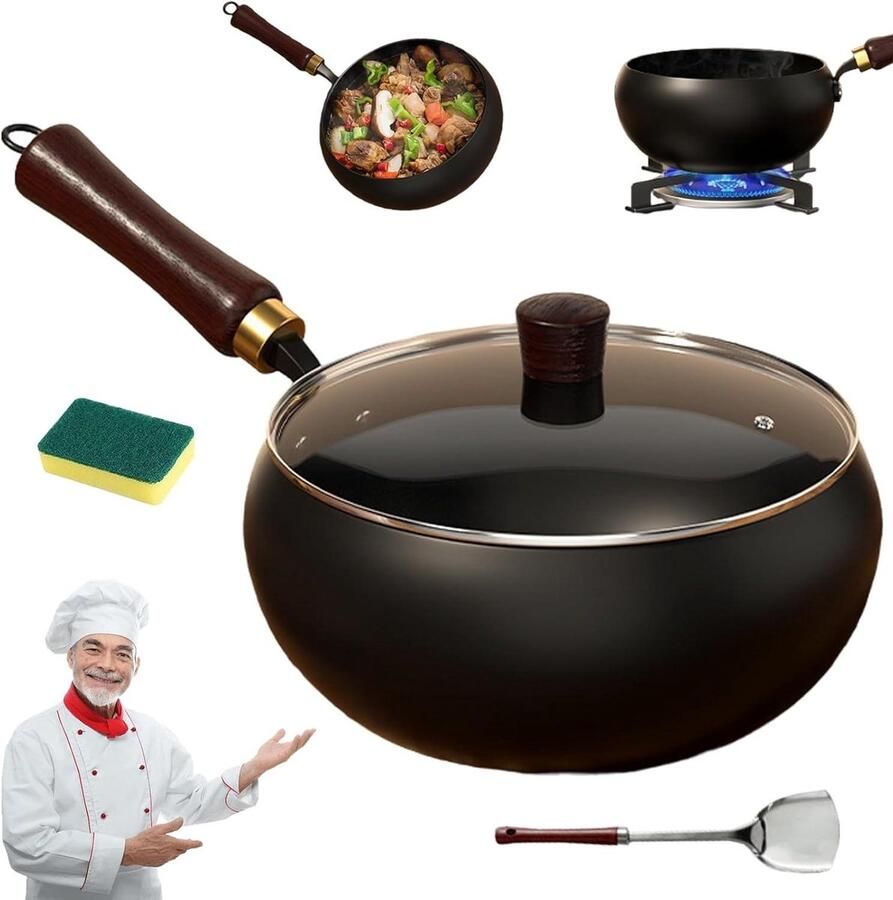 Japanse Gietijzeren Wok Handgesmede Pan Aziatisch Koken Natuurlijk Antiaanbaklaag 24 cm Diameter Zwart