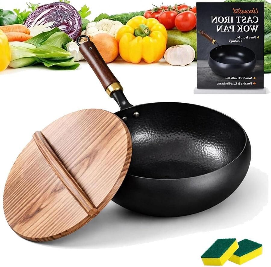 Japanse Gietijzeren Wok Roerbakpan zonder coating Gezond Koken Gehamerd Gietijzer 24 cm Metaal met Houten Deksel