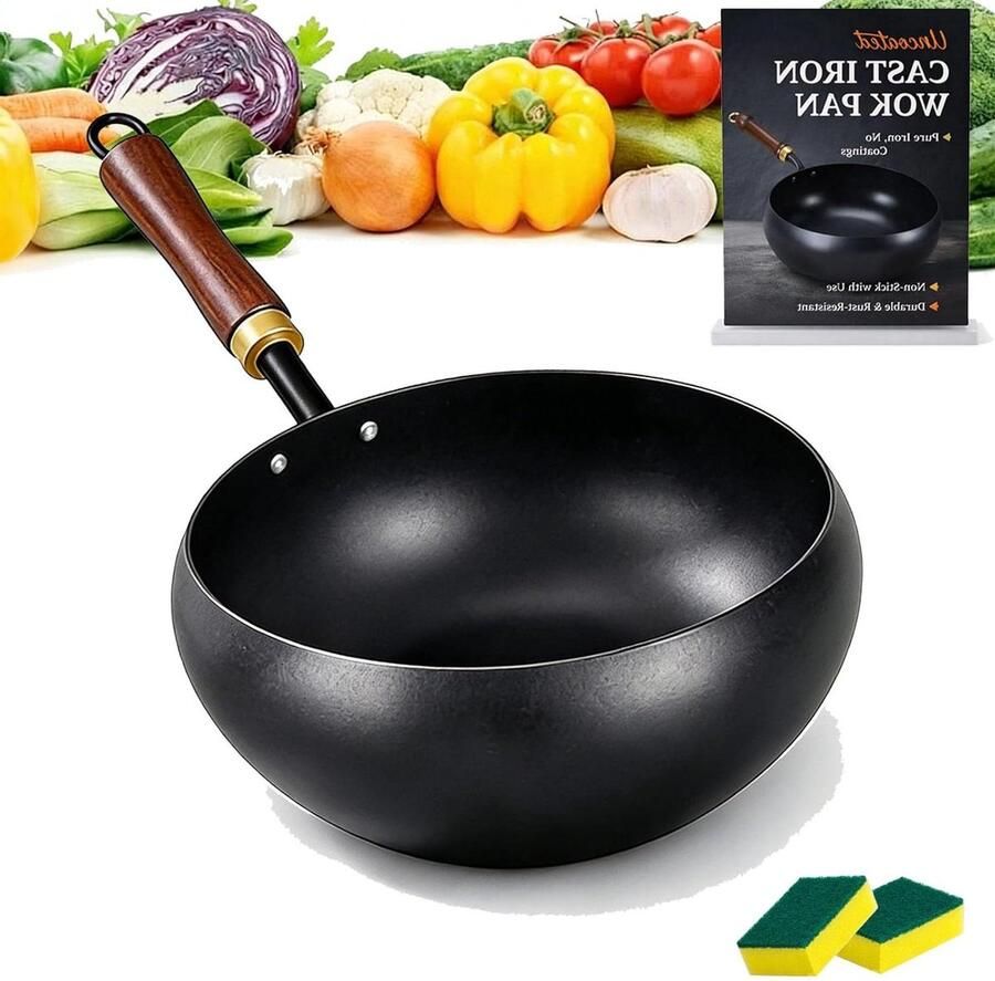 Japanse Gietijzeren Wok Wokpan Roerbakpan Gezond Koken Ongecoat Gietijzer 24 cm Zwart