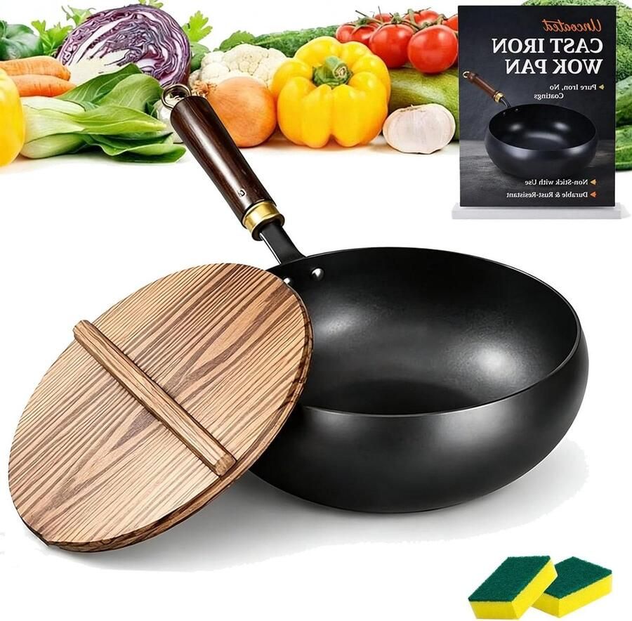 Japanse Gietijzeren Wok Wokpan zonder coating Gezond Koken Handgemaakt en gehamerd 30 cm Zwart
