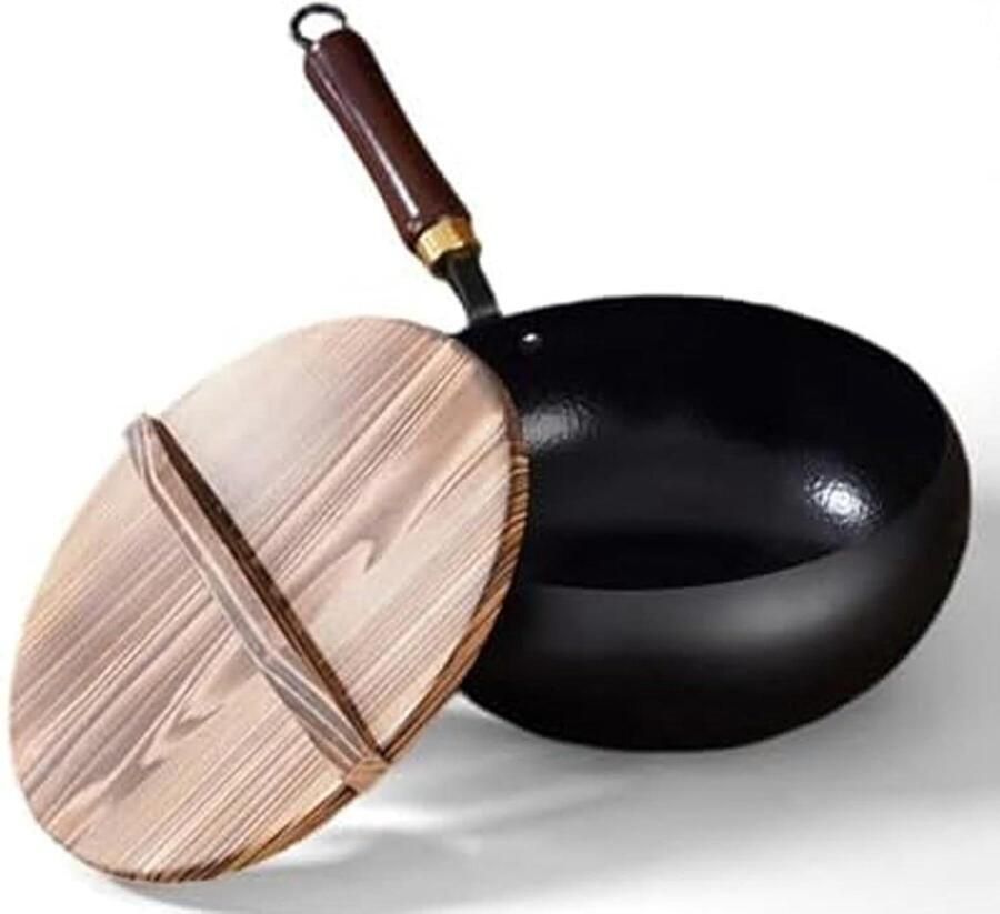 Japanse ijzeren pan Roerbakpan met deksel Gezond koken Handgesmeed ongecoat 24 cm Zwart