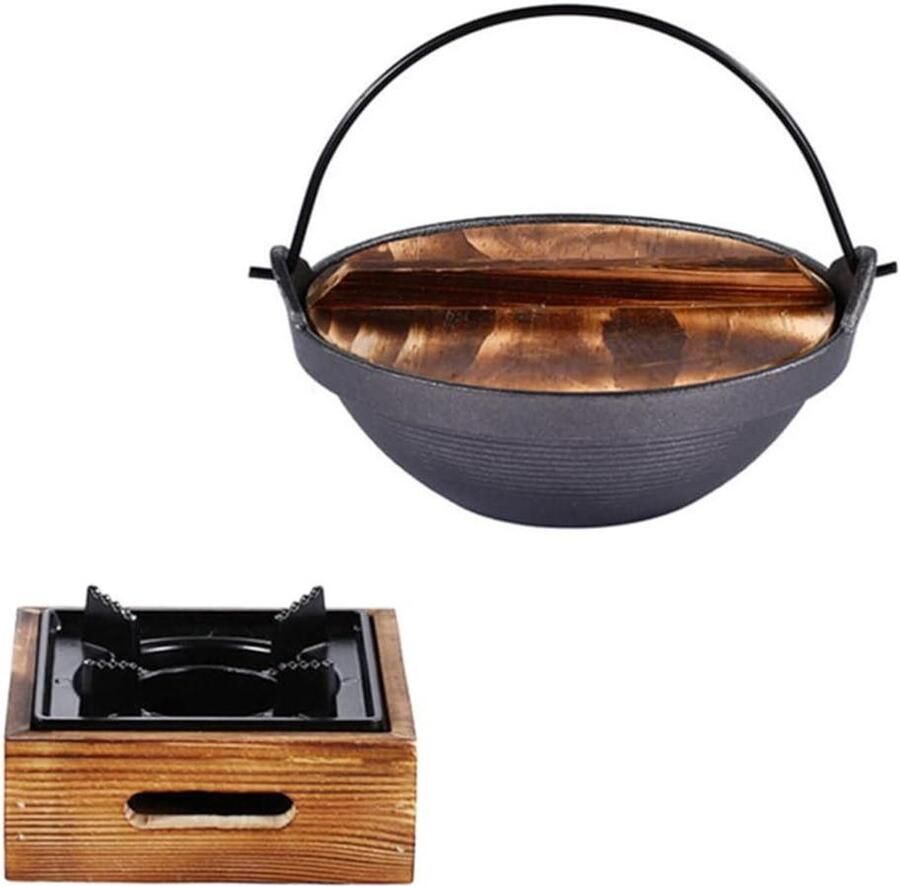 Japanse IJzeren Pot Nabe Sukiyaki Pan Koken en Serveren Hittebestendig Hout Deksel 20 cm Zwart Koffie