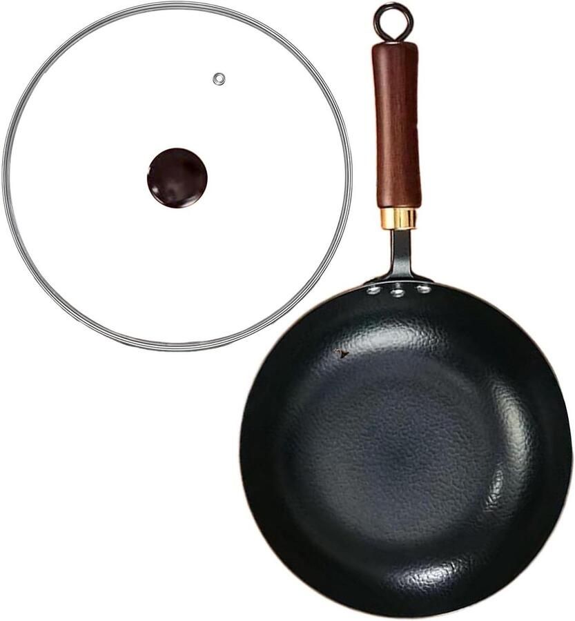 Japanse Koekenpan Wok met Deksel Authentiek Koken Traditioneel Gesmeed IJzer 20 cm Diameter Zwart