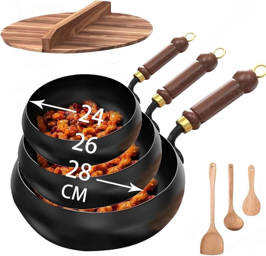 Japanse Koekenpan Wok Pan Natuurlijk Koken Ongecoat IJzer 28 cm Zwart