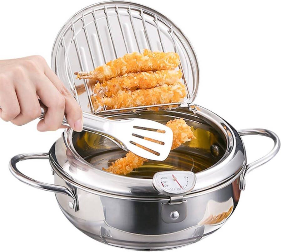 Frituurpan Japanse stijl Mini roestvrijstalen Tempura-friteuse met thermometer deksel en oliedruppel afdruiprek voor keuken Frieten vis en knapperig vlees (L 24cm 9.45'')