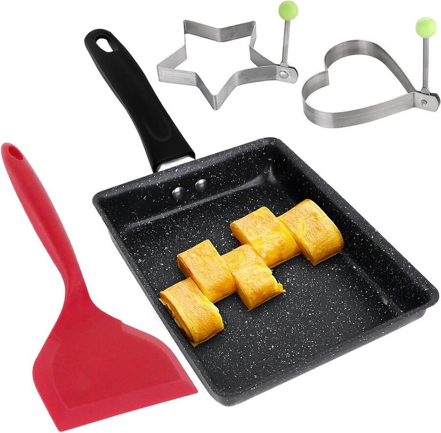 Japanse omeletpan Mini eierpan Ontbijt maken Inclusief spatel ringen 13 x 18 cm Zwart