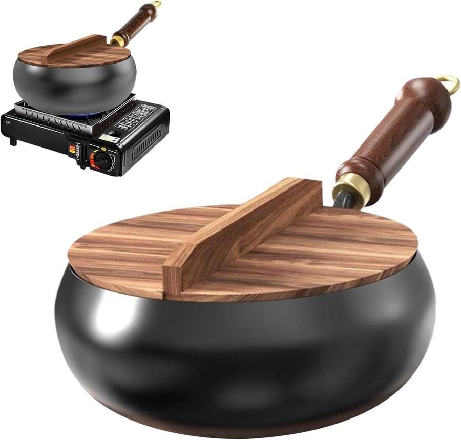 Japanse Smeedoven Wok Pan Thuis Koken Met Houten Deksel 24 cm Meerkleurig