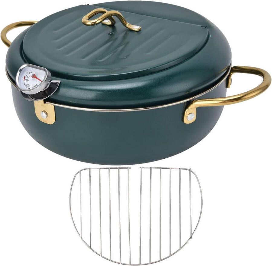 Japanse stijl friteuse met temperatuurweergave roestvrij staal donkergroen oliedruppelrek 34 liter 24 cm frituurpan met deksel