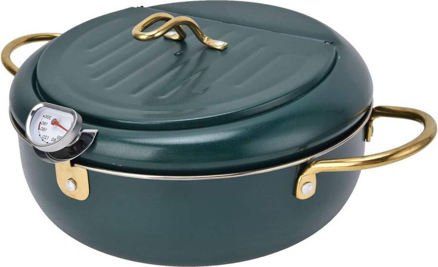 Japanse Tempura Friteuse Pot 9.4 Roestvrijstalen Koekenpan Met Thermometer Deksel en Olie Druppel Afdruiprek voor Franse Frietjes Garnalen Kippenvleugels Donkergroen
