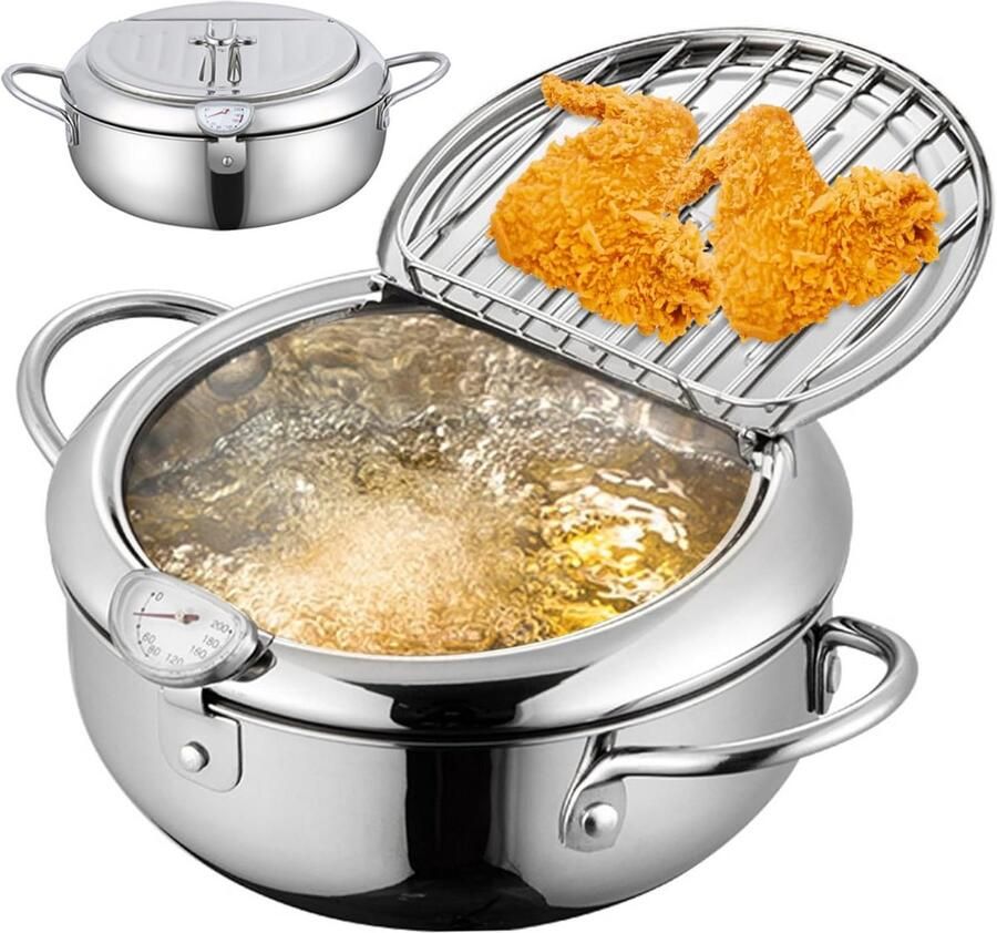 Japanse Tempura Frituurpan 2 2L met Thermometer en Olie-Afdruiprek RVS