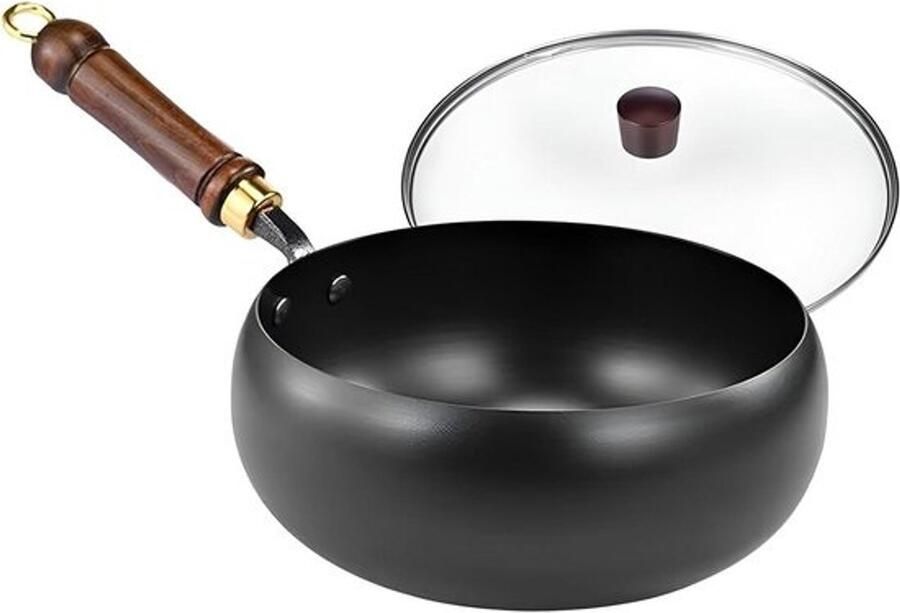 Gietijzeren Wokpan Japanse Koekenpan Roerbakken en Koken Handgesmeed Ongecoat IJzer 28 cm Zwart met Glazen Deksel