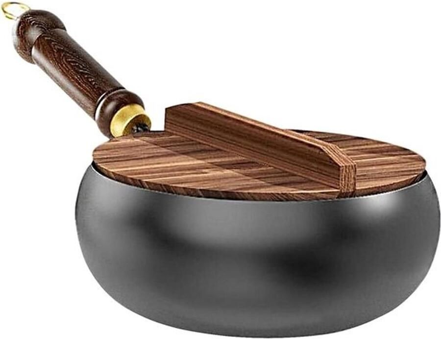 Gietijzeren Wokpan Roerbakpan Diep Aziatisch Koken Ongecoat Handgesmeed 24 cm Houten Deksel
