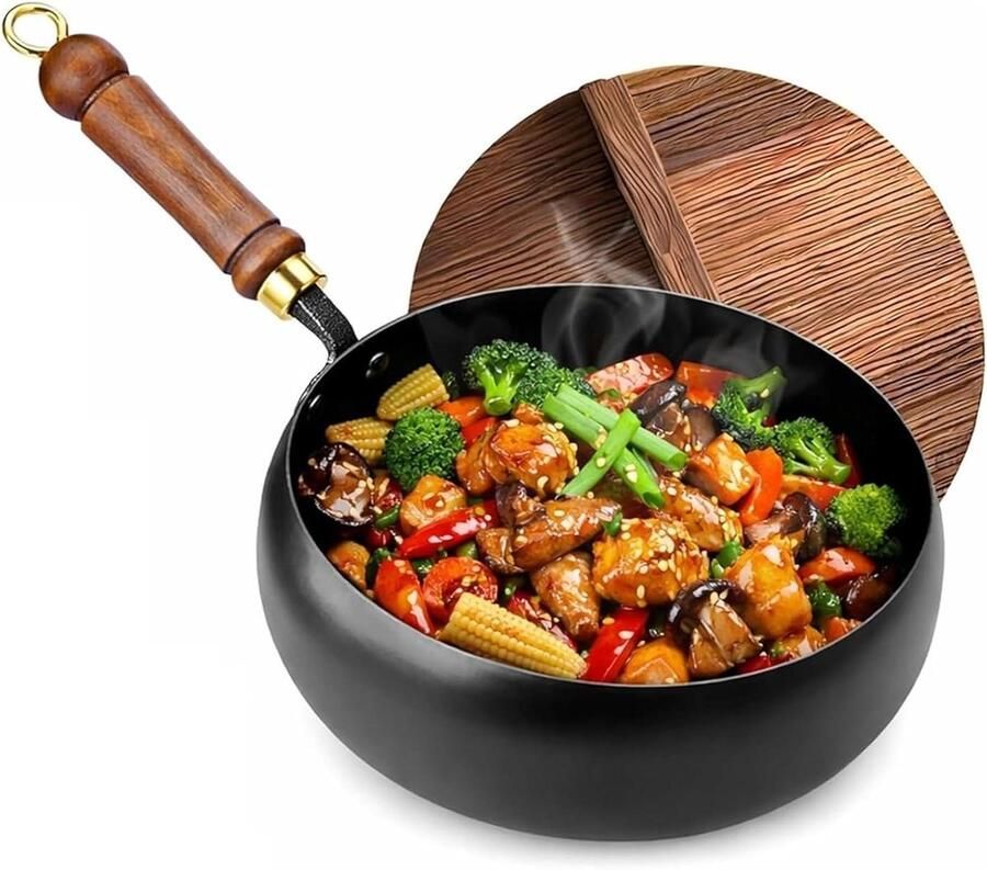 Japanse Wokpan Koekenpan Gietijzer Aziatisch Koken Handgesmeed Puur IJzer 24 cm Diameter Zwart