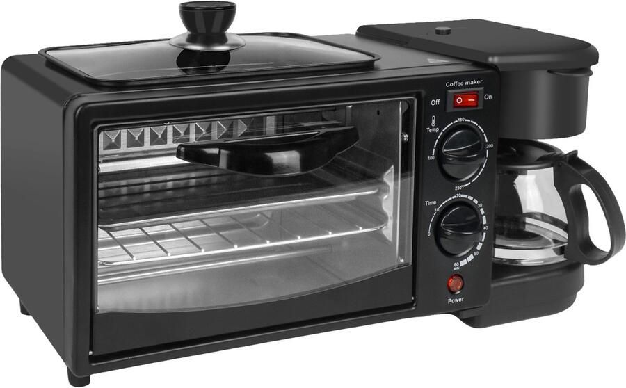Jensaro 3-in-1 Ontbijtmachine – Mini Oven 9L – Koffiezetapparaat 600ml – Bakplaat – Timer – Compact Ontbijtstation – Broodrooster Keuken