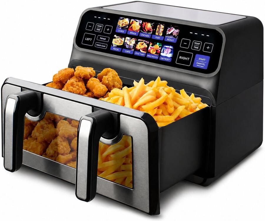 Jensaro Airfryer Dubbele Mand 9L XXL 2200W Heteluchtfriteuse 2x4 5L LED Touchscreen 10 Programma s Olievrij Frituren