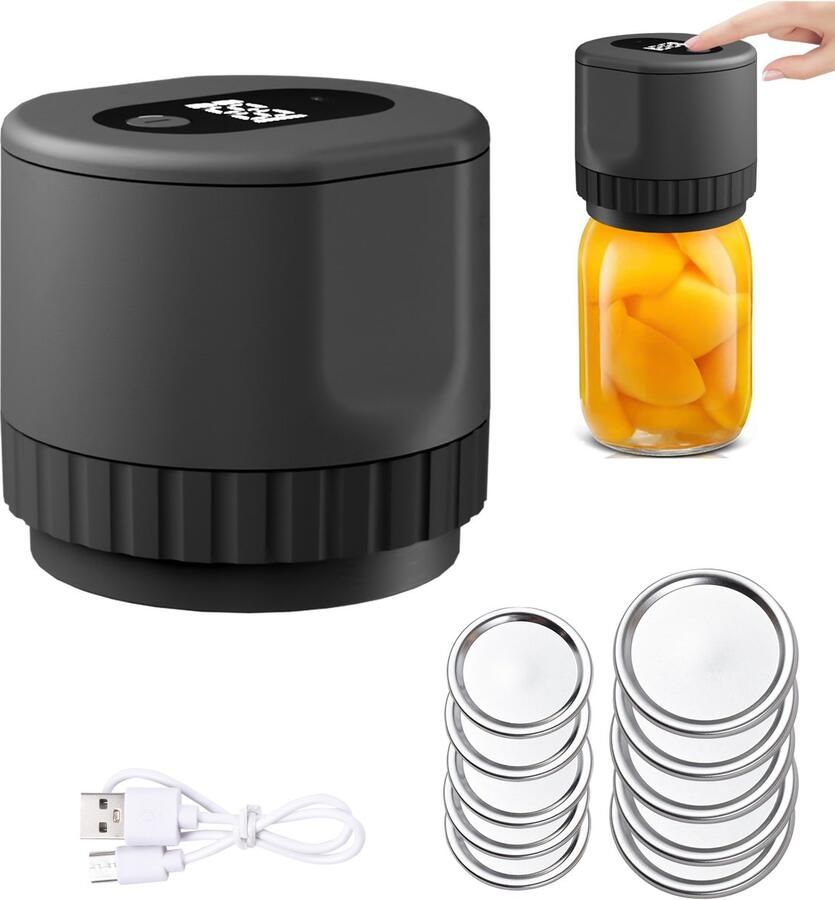 Jensaro Vacuüm Sealer Mason Jar – Draadloos Elektrisch – 60kPa – Voedsel Vershouden – Fermenteren – Met Deksels – USB-C Oplaadbaar