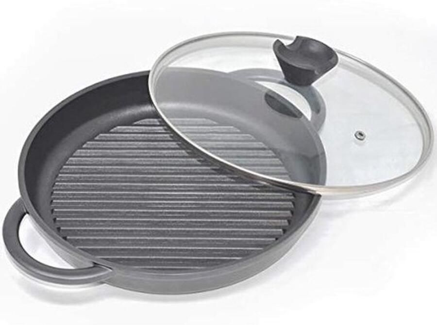 Joeji's Kitchen round grill pan made of cast aluminum with silicone handles and ovenproof lid contains a bonded steel base suitable for Induction 27 cm non-stick coating