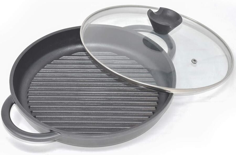Joeji's Kitchen round grill pan made of cast aluminum with silicone handles and ovenproof lid contains a bonded steel base suitable for Induction 27 cm non-stick coating