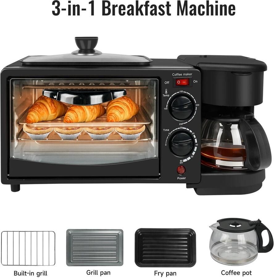 Joorly Magnetron 3-in-1 Multifunctioneel Mini Oven 9L Koffiezetapparaat 600 ml Koffiekan – Broodrooster – Compact Keukenapparaat – Zwart