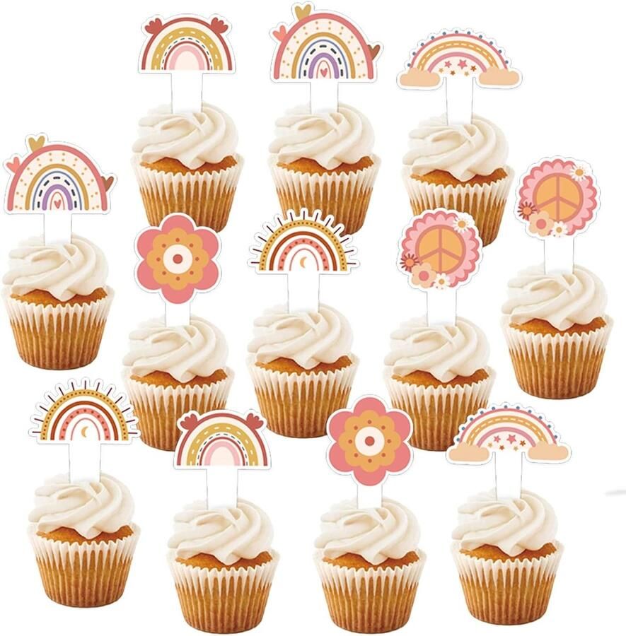 Joy 24 stuks taartdecoratie verjaardag boho regenboog cupcake-toppers bloemen decoratie taartdecoratie meisjes Rainbow Happy Birthday voor kinderen meisjes jongens