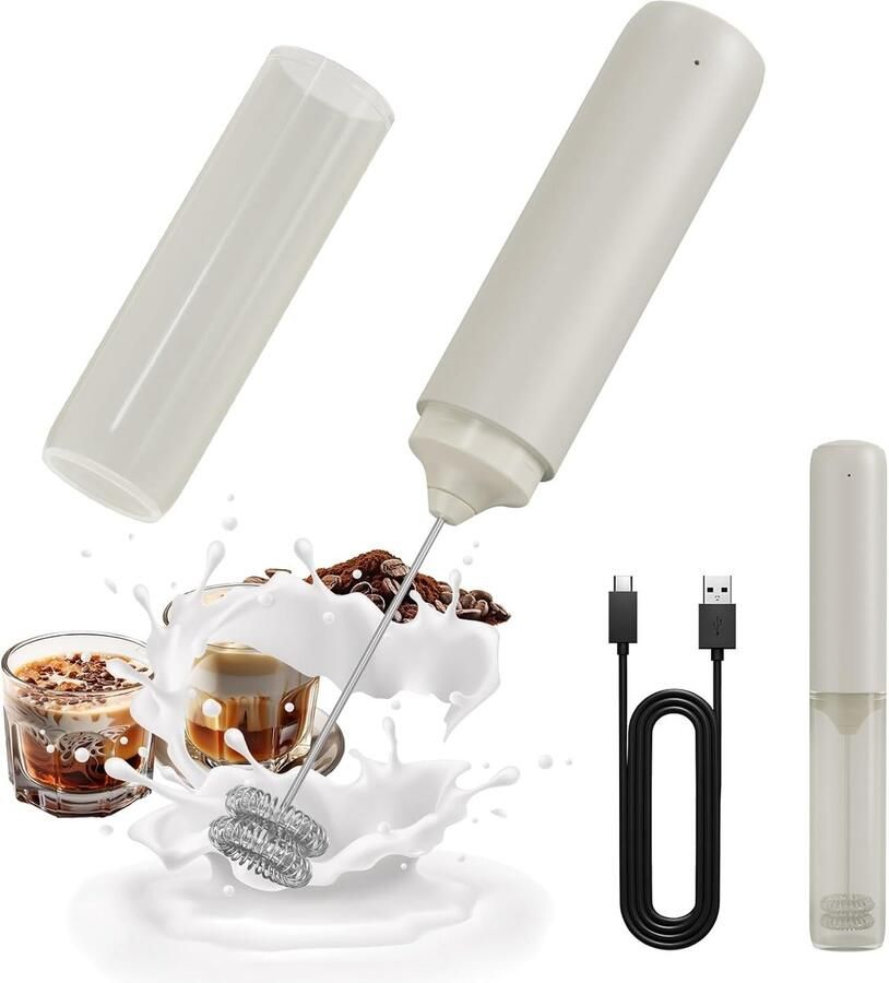 JOY Oplaadbare Melkopschuimer Handbediend Dubbele Veer Garde Elektrische Koffieopschuimer Draagbare Handschuimklopper Drankmixer voor Matcha Latte Cappuccino Keukencadeaus Beige