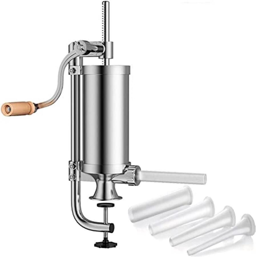 Joyeee 2.5 LB Handmatige worstschuiver verticale worstmachine van roestvrij staal met zwengel en tafelklem 4 vulbuizen vleesschuiver voor commercieel en thuisgebruik