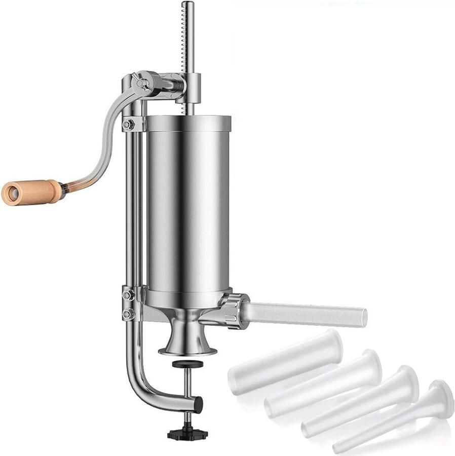 Joyeee 2.5 LB Handmatige worstschuiver verticale worstmachine van roestvrij staal met zwengel en tafelklem 4 vulbuizen vleesschuiver voor commercieel en thuisgebruik