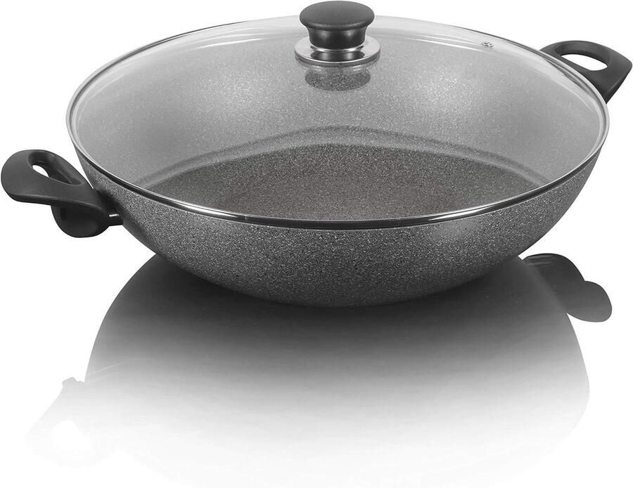 Jumbo Wok Roerbakpan Koekenpan Aziatisch Koken Titanium Versterkte Coating 36 cm Zwart