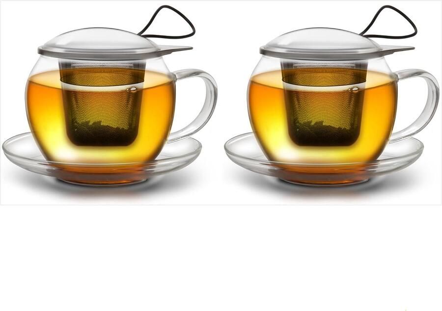 Jumbo XXL Teeglazen Set van 2 (450ml) met RVS Filter & Deksel – Handgeblazen Borosilicaatglas – Luxe Cadeauset voor Koppels & Kantoor