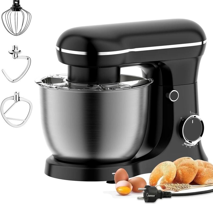 Jurrys Keukenmachine 1500W – Keukenmixer met 5L RVS Kom – 10 Snelheden – Inclusief Deeghaak Garde & Klopper – Foodprocessor