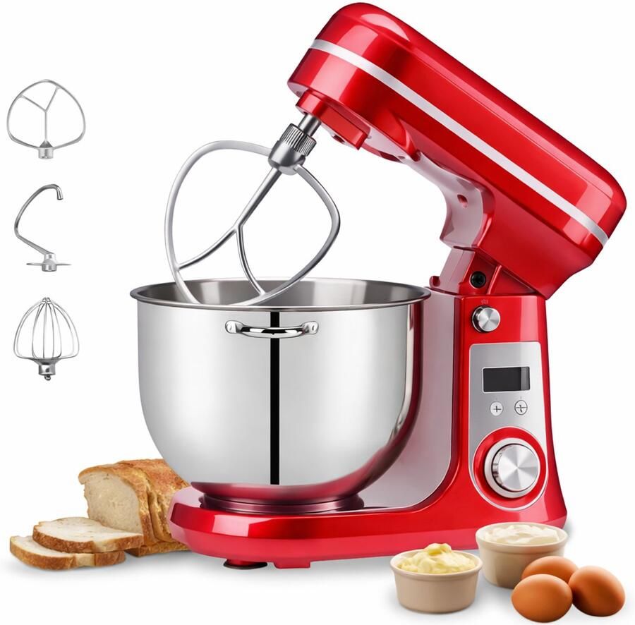 Jurrys Keukenmachine 6L – 1200W – Rood – RVS Mengkom – Keukenrobot met Garde & Mixer – Standmixer voor Bakken & Koken