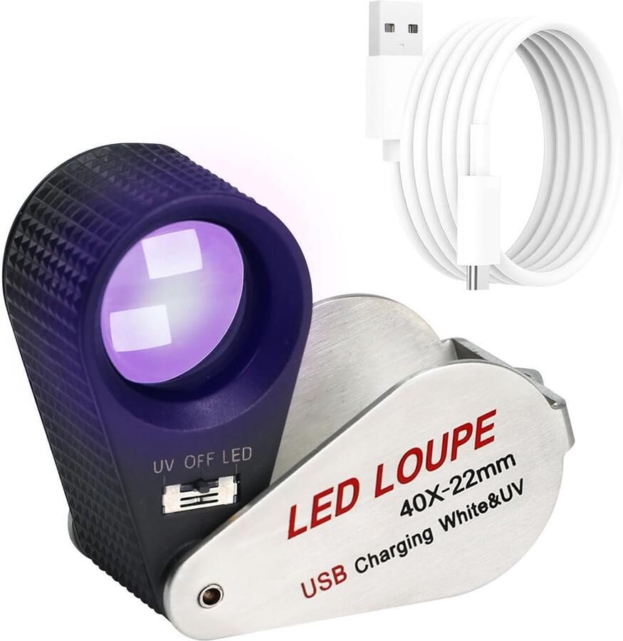 Juweliersloep 40x Oplaadbaar Juweliersloep Opvouwbaar Juweliersloep LED Loep Triplet met 6 LED's & UV-licht voor Edelstenen Juwelen Munten Postzegels enz