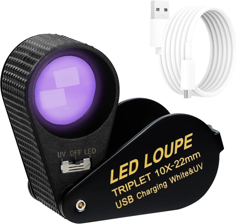 Juweliersloep met 10x Vergroting Opvouwbare LED-loep met 22 mm Lens Oplaadbaar via USB met Dubbele Witte en UV-Verlichting Antislipontwerp voor Sieraden Printplaten en Horlogereparatie