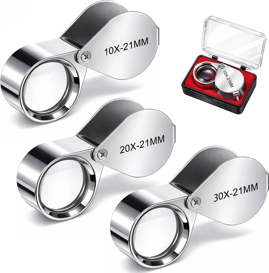 Juweliervergrootglas 10X 20X 30X opvouwbaar van roestvrij staal voor munten diamanten sieraden postzegels (zilver) 3 stuks