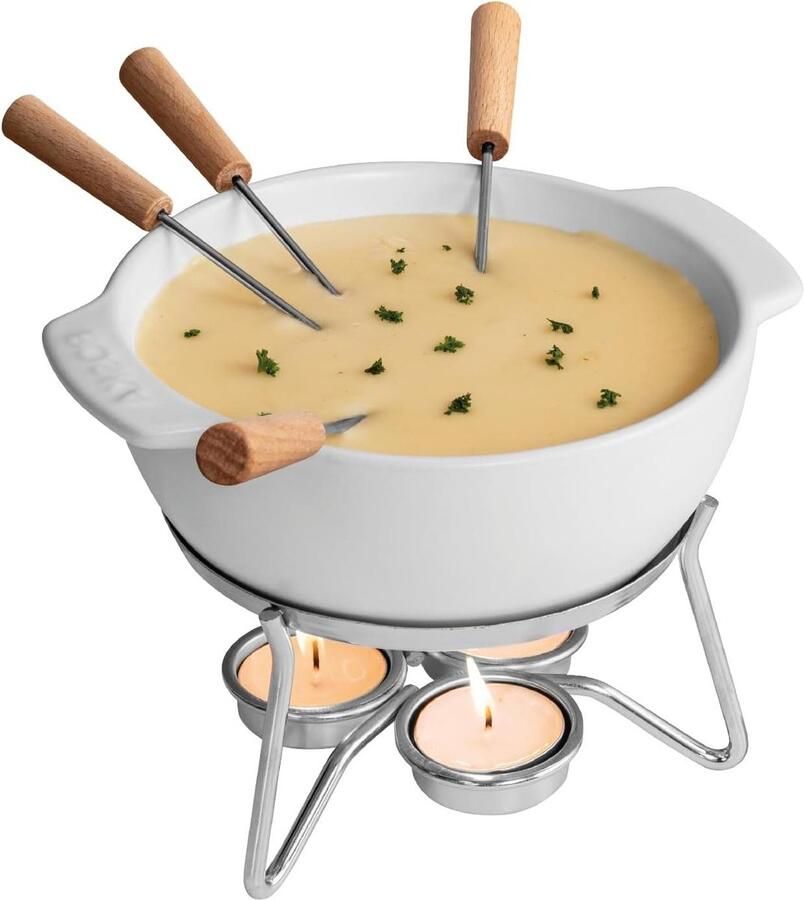 Kaasfondue set Fondue schaal Gezellig tafelen Verwarmen met waxinelicht 750 ml Wit