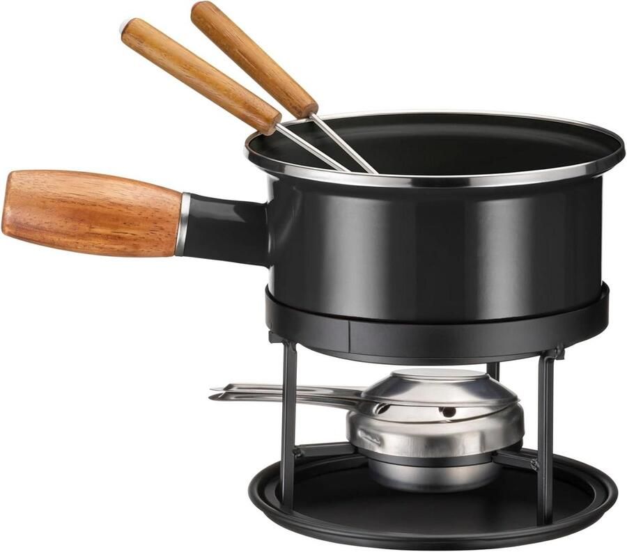 Kaasfondue Set Fondue voor Twee Gezellige Avonden Enamel Pan 5 Delig Zwart