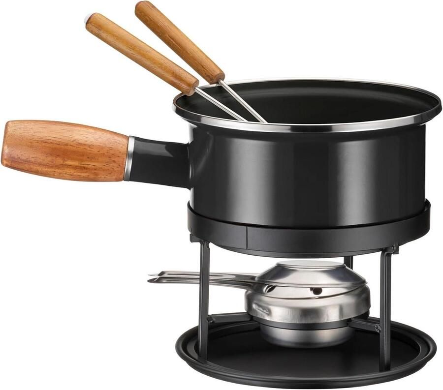 Kaasfondue set Fondue voor twee Gezellige avond Gelijkmatige warmte 5-delig Zwart